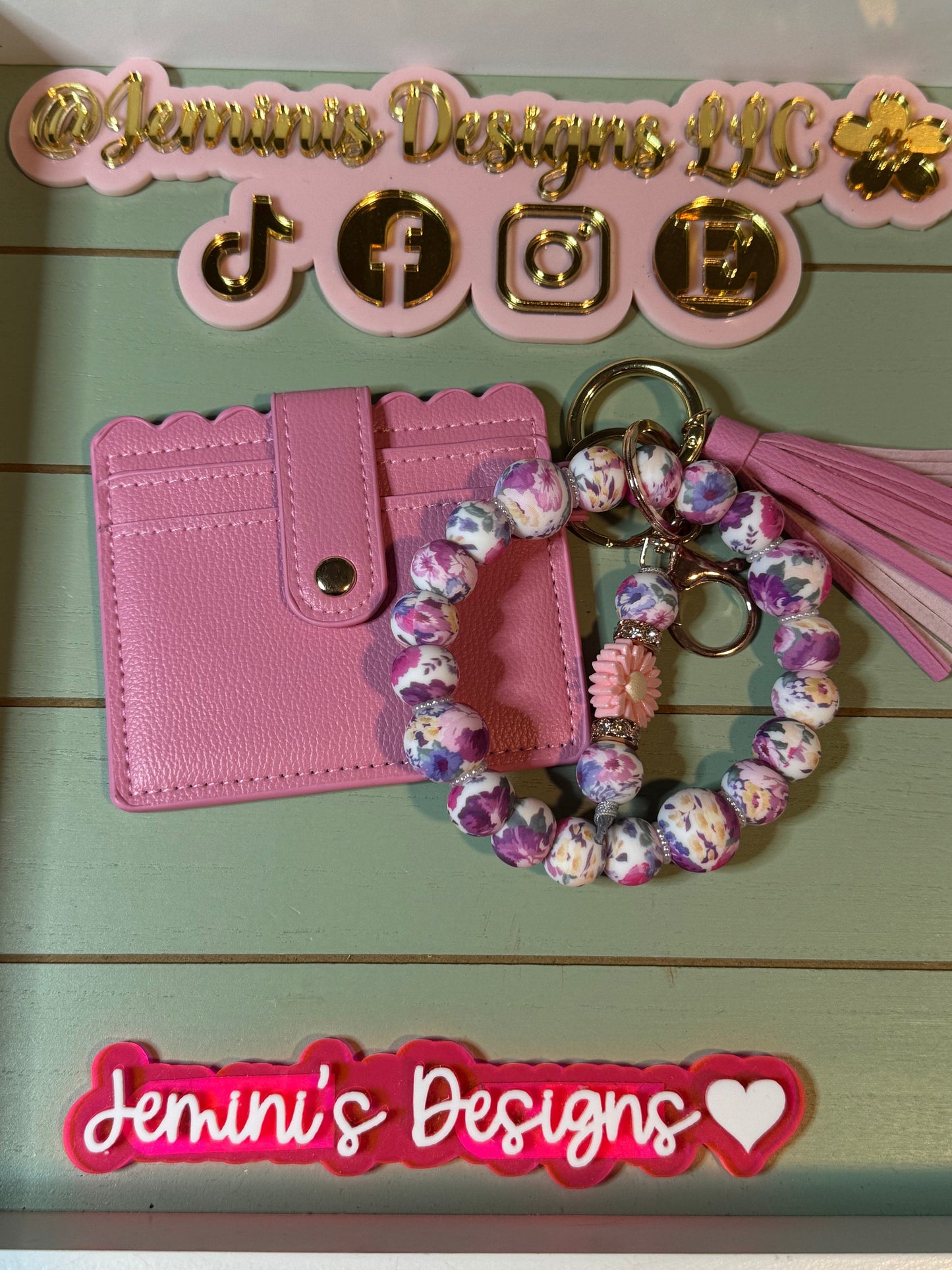 Beaded Bangle pink/ purple floral beaded Bangle for her with wallet/Pink flower Keychain/  bangle bracelet and wallet combo