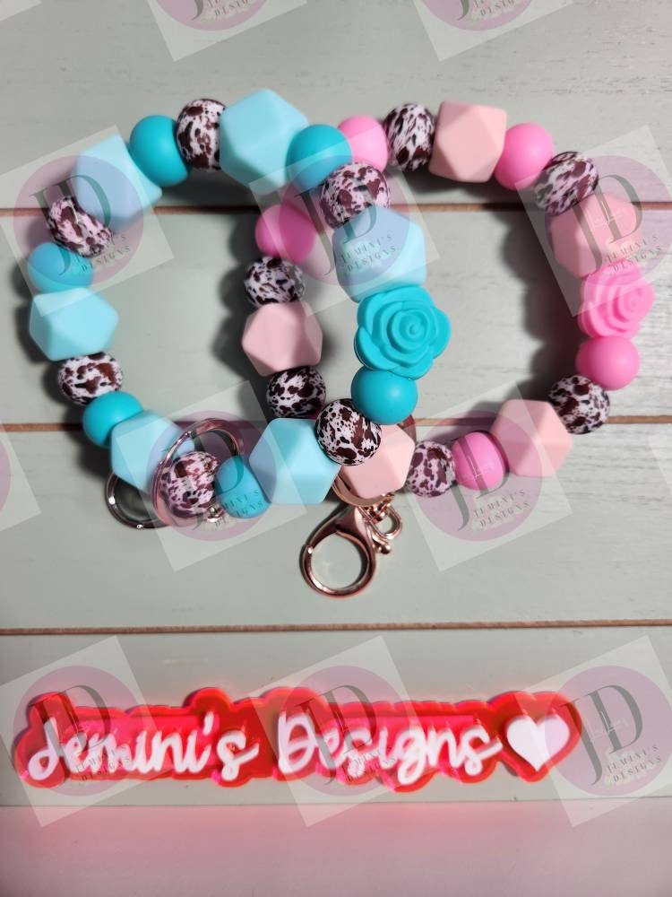 Ready to Ship Beaded Bangle brown cow & rose teal or pink cow print Keychain/beaded Bangle for her/pink or teal cow wristlet