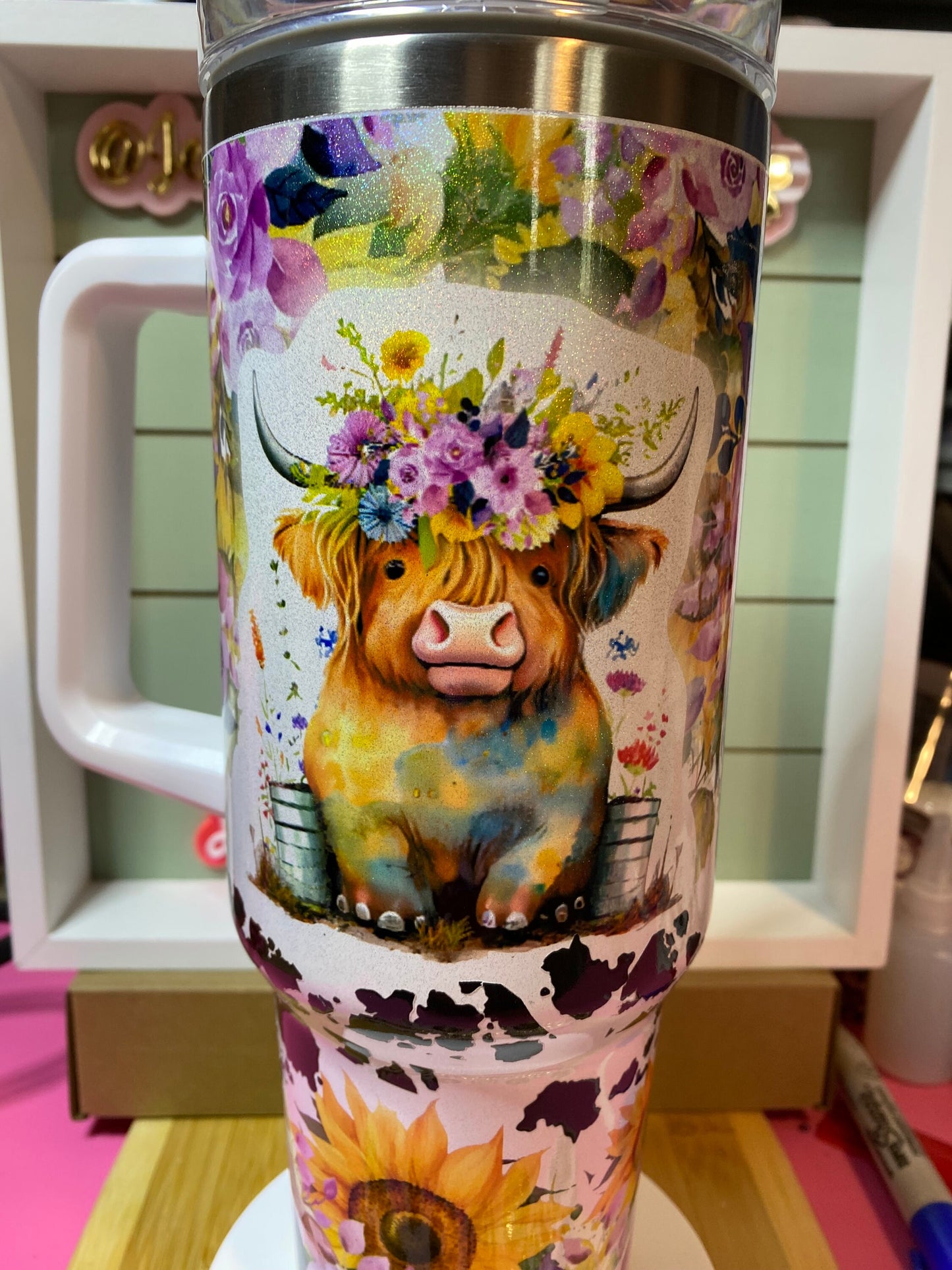 Salty Heifer 40 oz SS  tumbler sublimation highland cow  & uvdtf cow print transfer