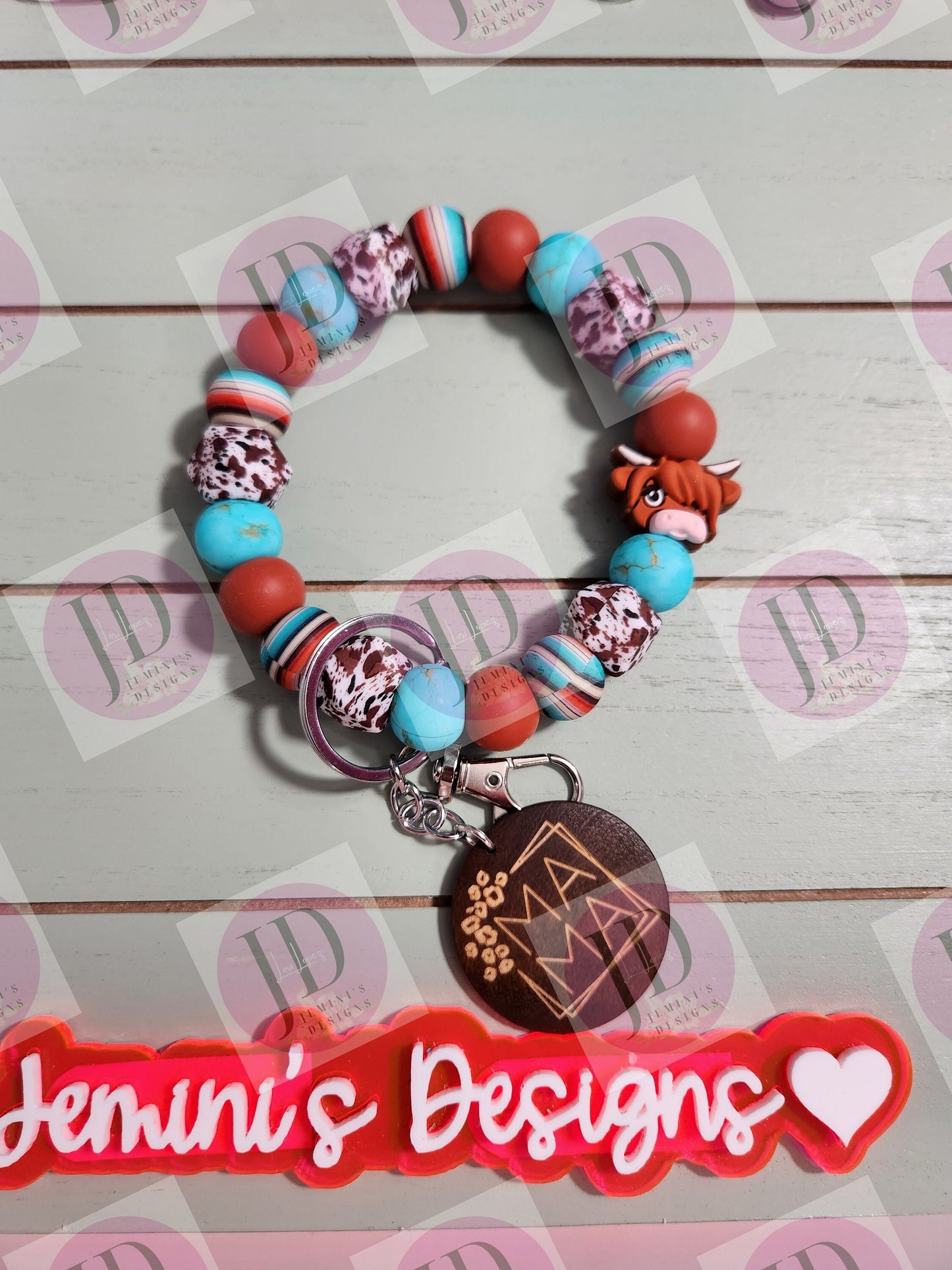 Serape cow Beaded Bangle cowboy/serape/ turquoise Keychain/beaded Bangle Cowboy for her/turquoise serape wristlet Bangle bracelet for her