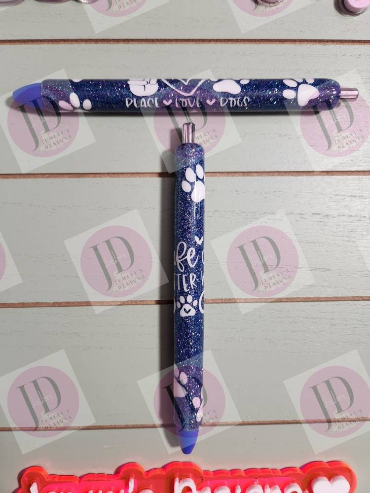 Peace.Love.Dogs or life is better with dogs Glitter Pens/Dog print glitter pens/Blue dog glitter pens