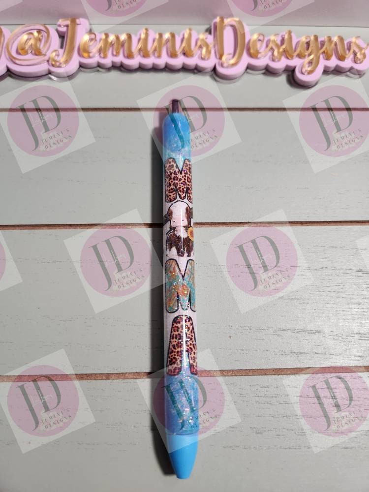 Mama cow turquoise, leopard print Glitter pen, pen wrap with Lots of sparkle and vibrant colors. Gorgeous Mama glitter pen/ cow pen