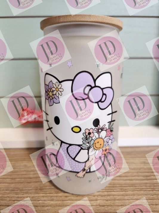 Purple cat floral tumbler, 16oz frosted glass w/ bamboo lid/colored cat uvdtf floral glass can= flower cat glass can