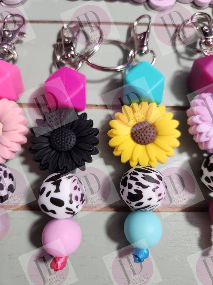 Ready to Ship Adorable Sunflower and cow beaded Keychain/beaded mini Keychain & Sunflower/cow dangle Keychain