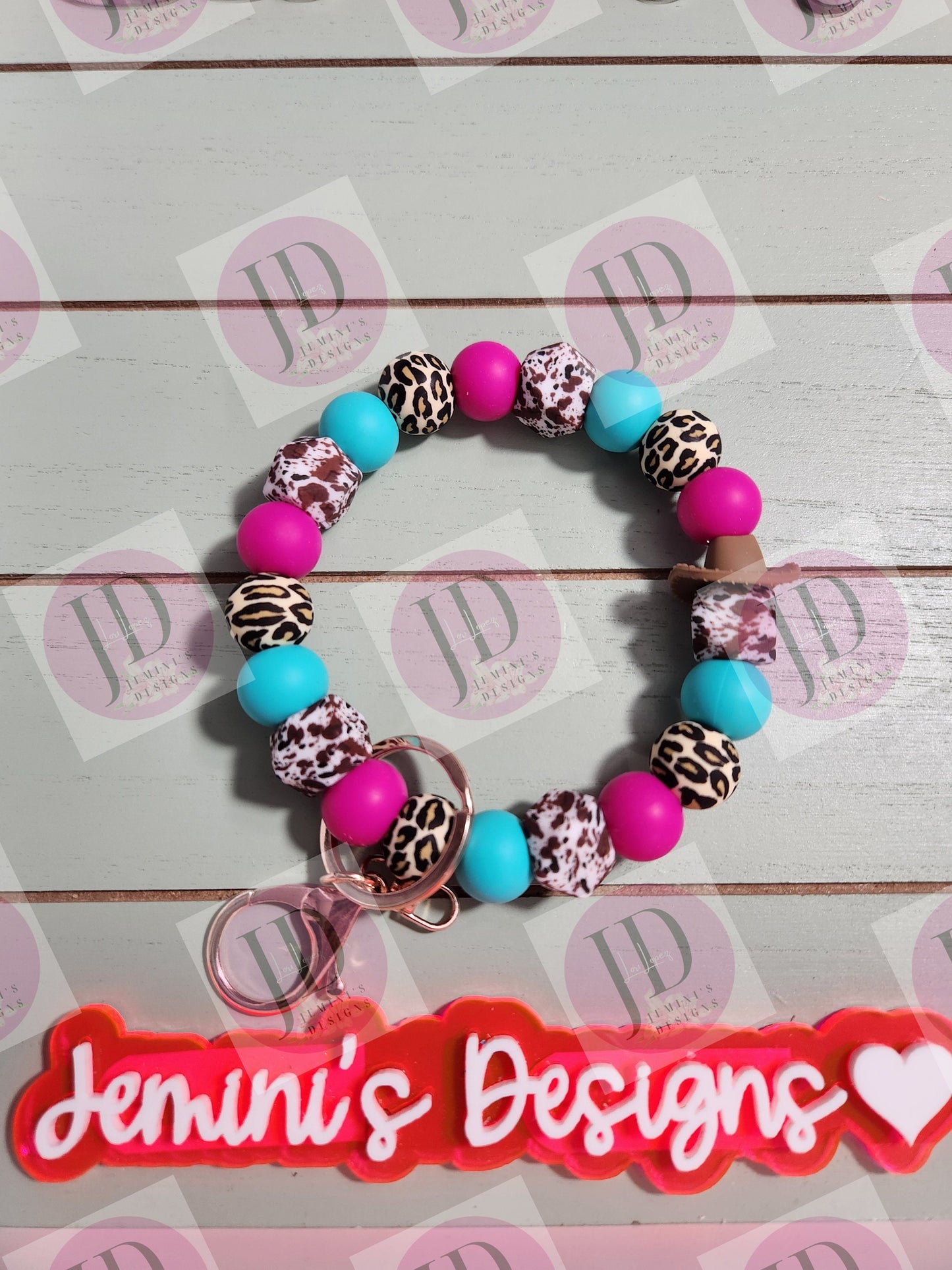 Beaded Bangle Cowboy hat turquoise & pink cow and leopard print Keychain/beaded Bangle for her/turquoise and pink cowboy wristlet/bangle