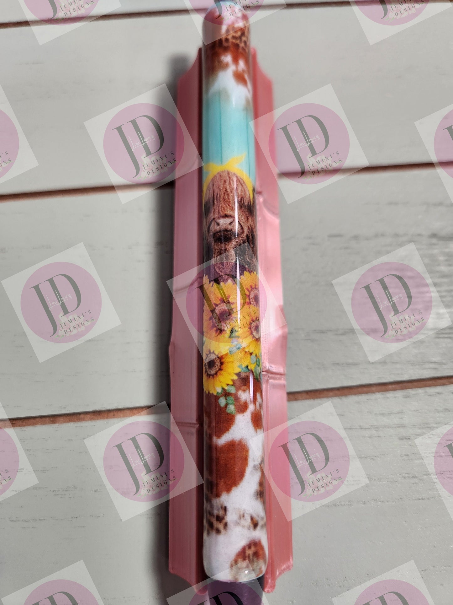 Highland cow & Sunflower leopard and cow print  pen wrap with Lots of vibrant colors sparkle.   Aqua, yellow and brown pen wrap no glitter