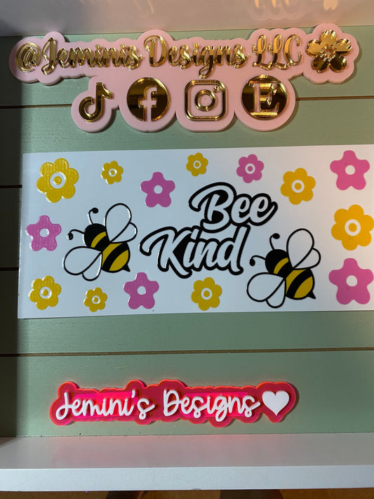 UV DTF 16 or 20 oz Glass can Ready to Apply | Be Kind flower & bee | uvdtf wrap | Permanent decal | No heat needed | Waterproof material