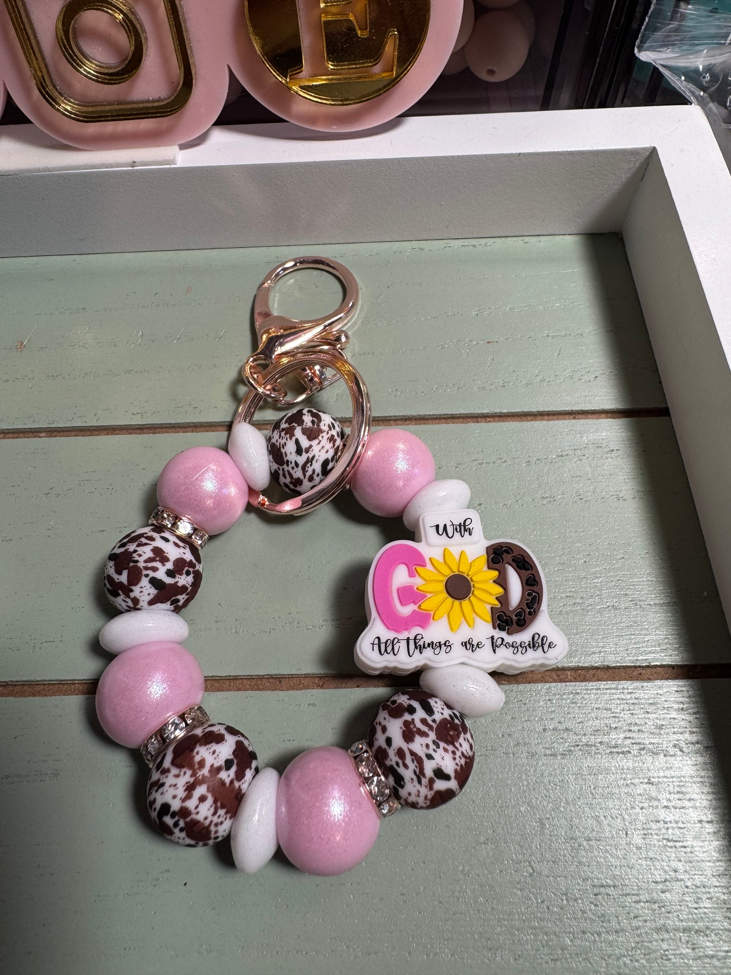 Beaded mini keychain, choice of design/with God all things cow print dangle keychain