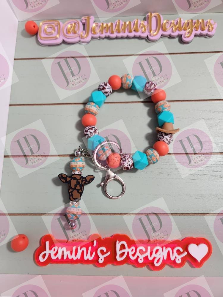 Aztec Beaded Bangle turquoise & coral Keychain and Keychain bar beaded Bangle for her/Aztec print wristlet/bangle turquoise and coral