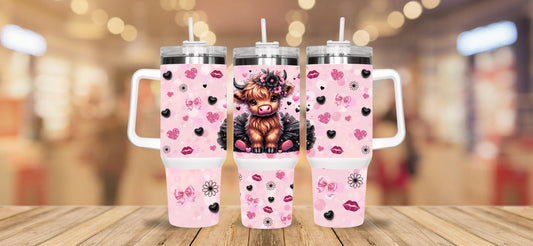 Highland ballerina with tutu, bows, lips and hearts/ pink, 40oz , ballet cow tumbler,  Highland baby cow design tumbler, gift for her