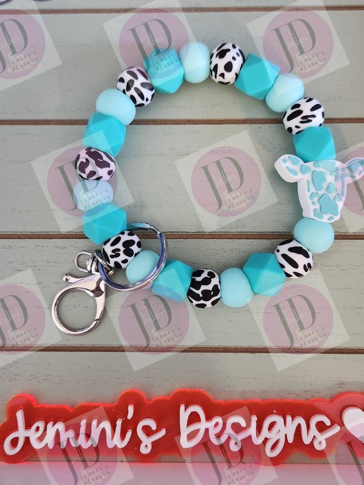 Ready to Ship Beaded Bangle Cow/ teal cow print Keychain/beaded Bangle for her/teal cow wristlet/bangle teal bracelet