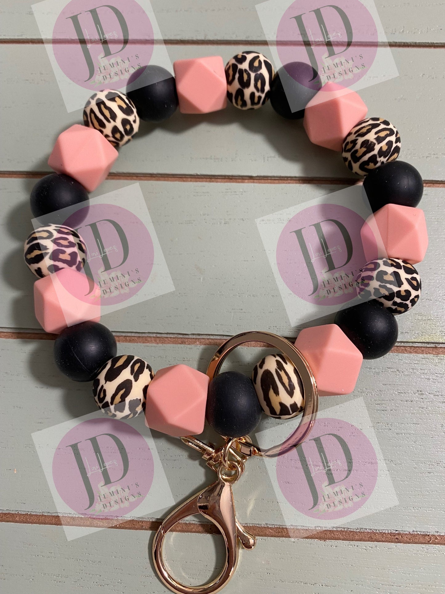 Beaded Bangle black/peach leopard /Keychain/beaded Bangle for her.  Peach & black Keychain/beaded leopard bangle bracelet