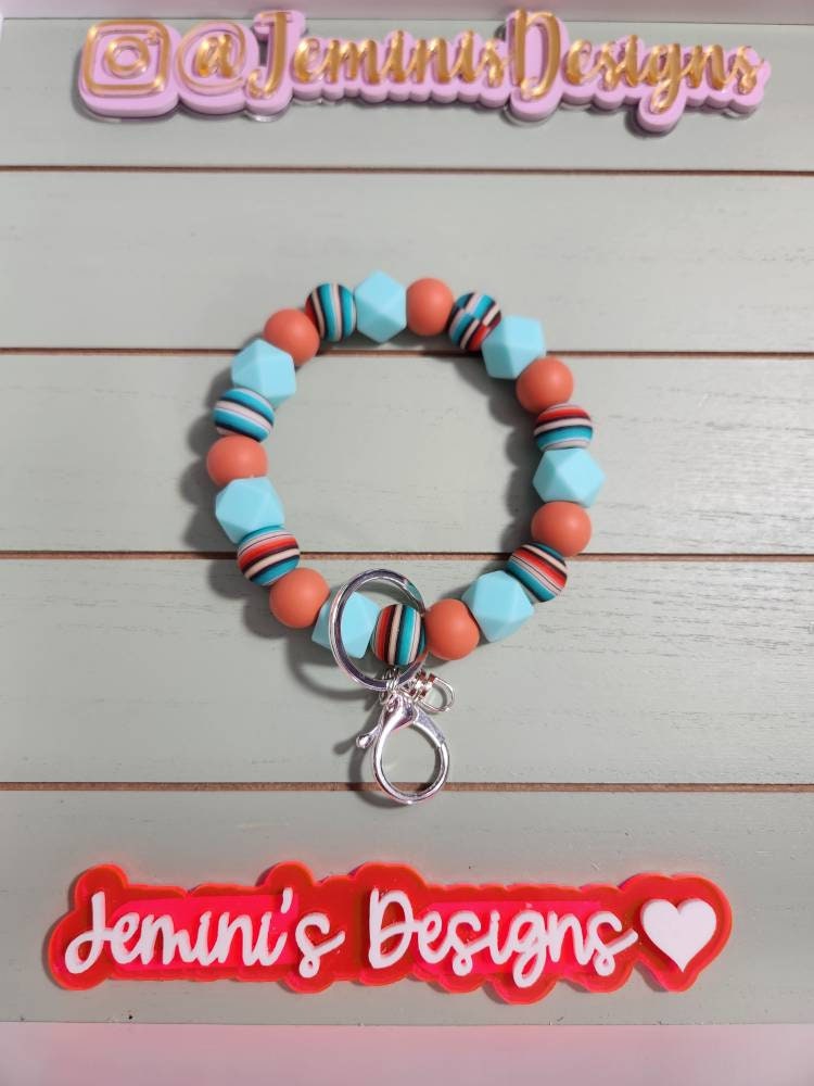 Serape Beaded Bangle  print, serape print turquoise Keychain/beaded Bangle for her/terracotta serape wristlet Bangle bracelet