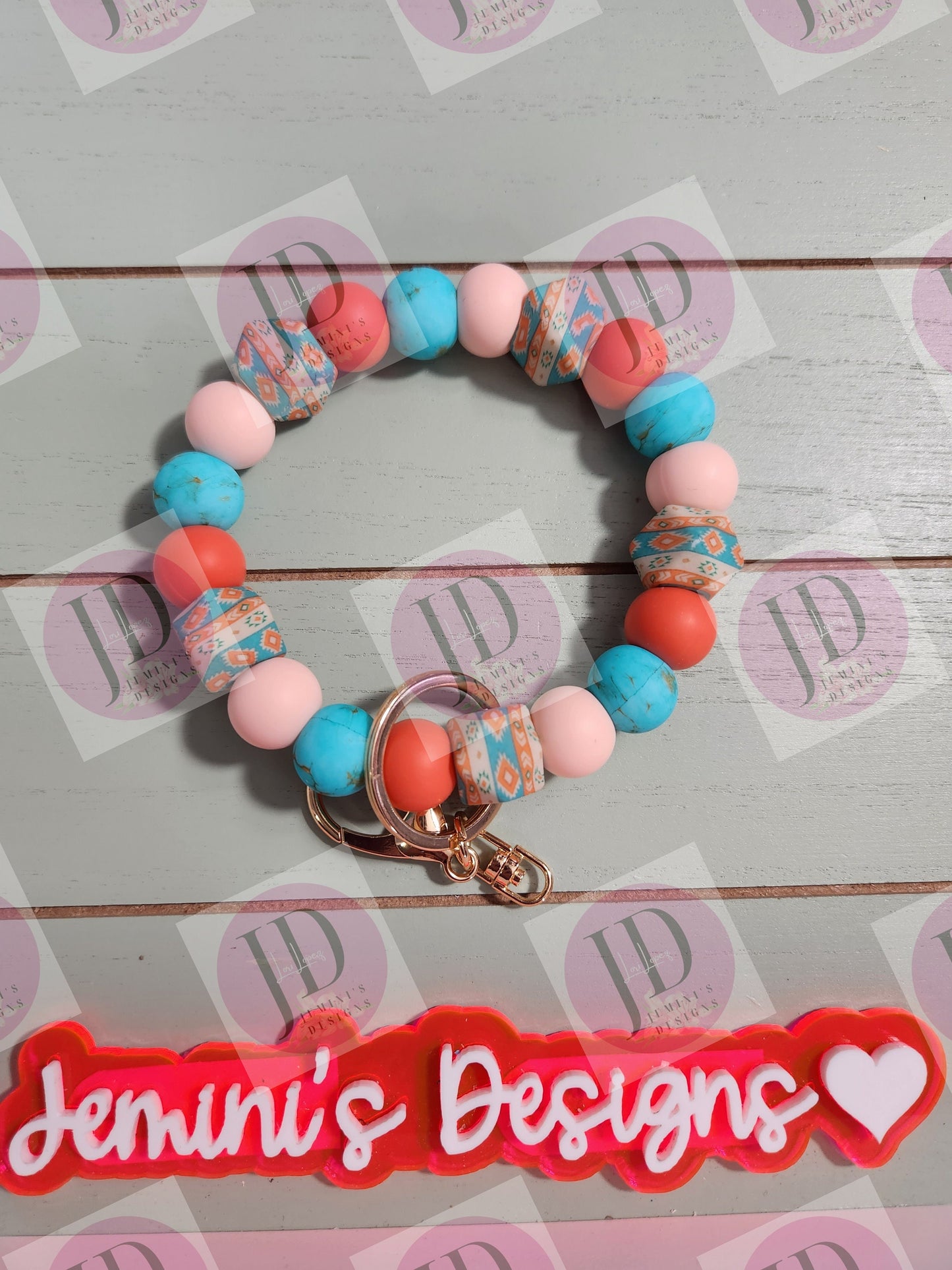 Aztec Beaded Bangle turquoise & coral Keychain/beaded Bangle for her/Aztec print wristlet/bangle turquoise and coral bracelet Bangle