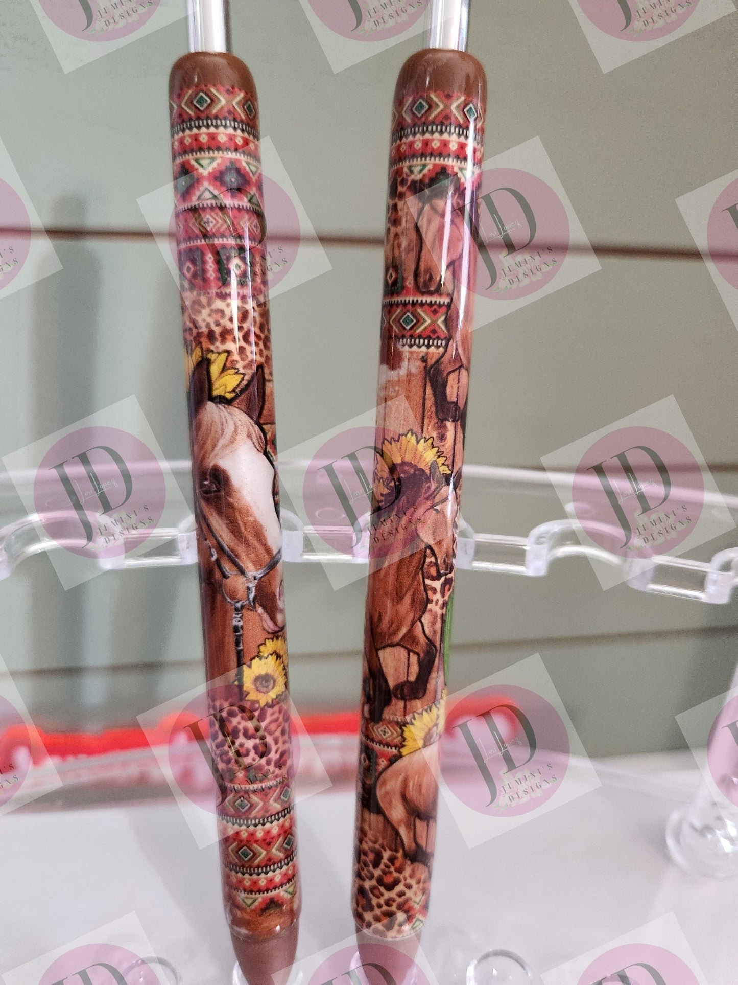 Horse & Sunflower leopard/aztec  pen wrap with Lots of vibrant colors sparkle.  Browns  yellow and reds pen wrap no glitter.  Set of two