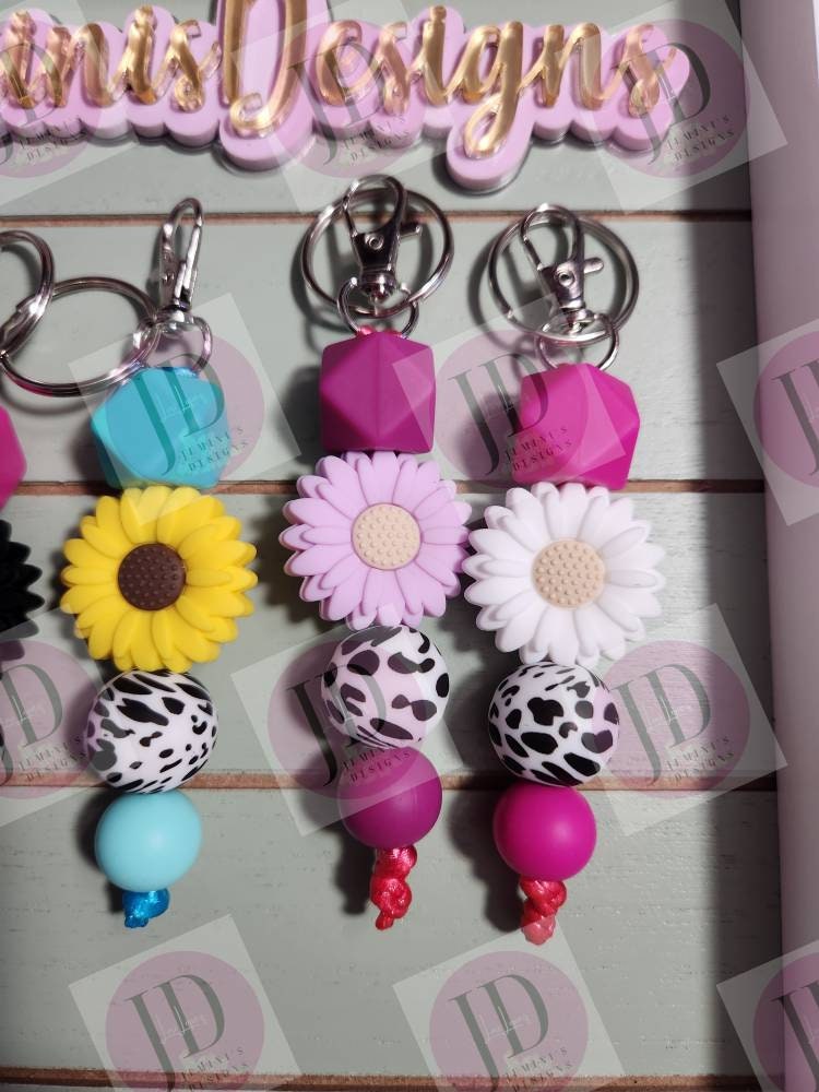 Ready to Ship Adorable Sunflower and cow beaded Keychain/beaded mini Keychain & Sunflower/cow dangle Keychain