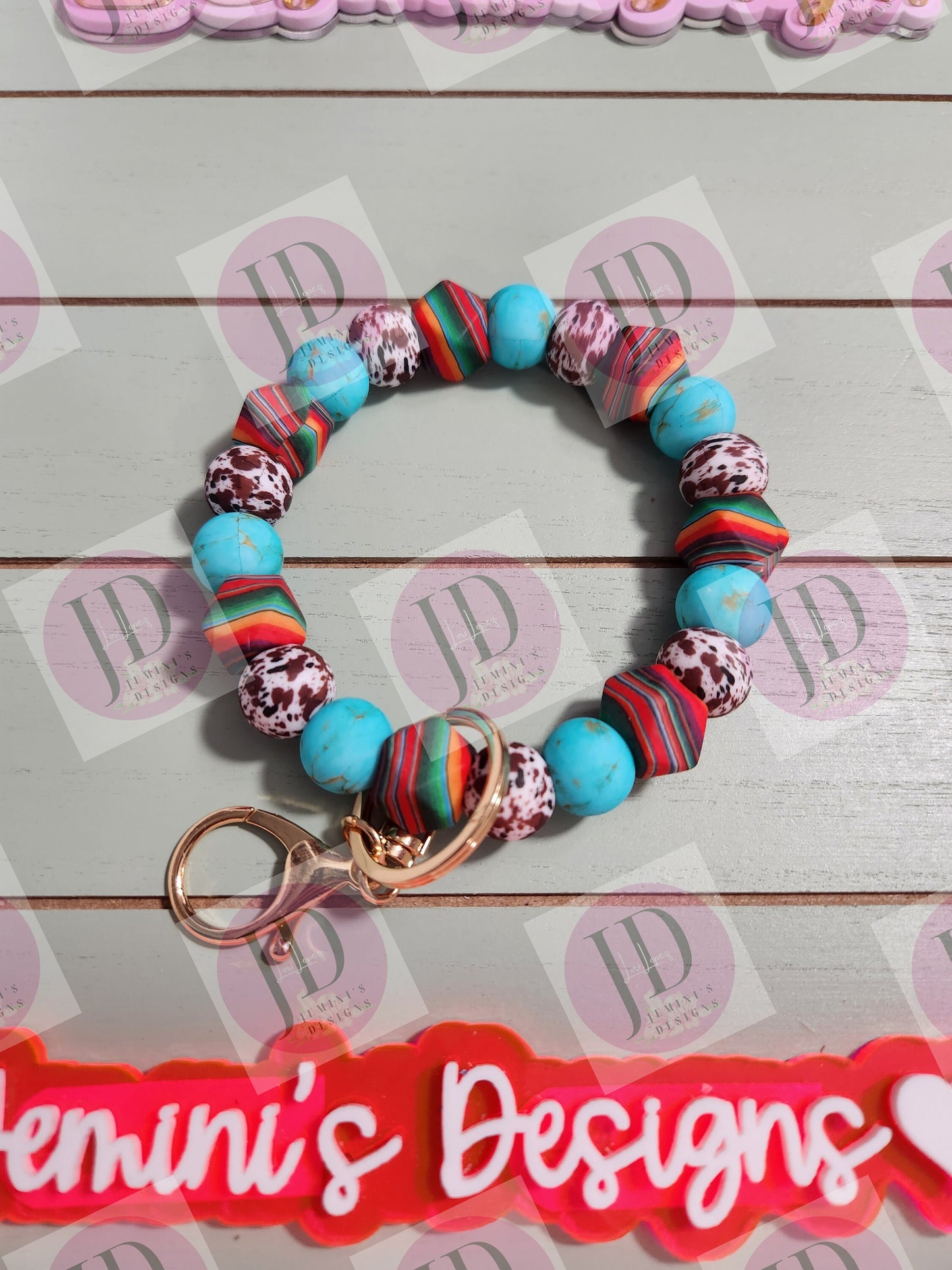 Serape Beaded Bangle Cow print, serape & stone print turquoise Keychain/beaded Bangle for her/brown serape cow wristlet Bangle bracelet