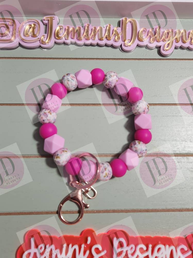 Beaded Bangle floral pink print Keychain/beaded Bangle for her/pink flower wristlet/bangle Keychain