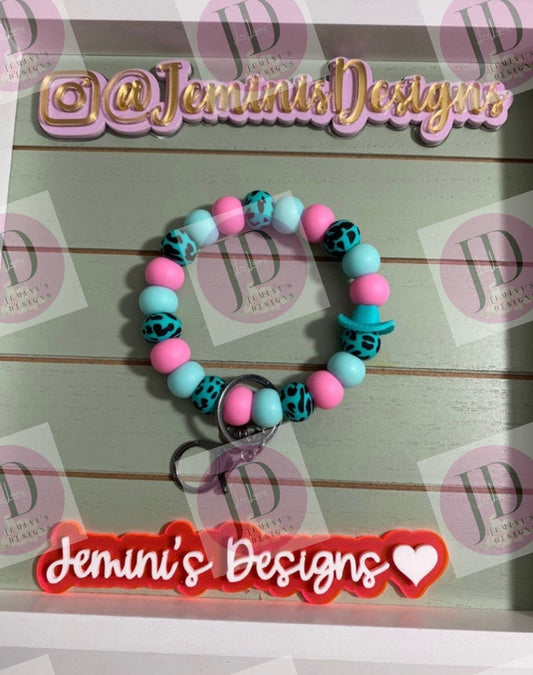 Beaded Bangle Cowboy hat teal & pink cow print Keychain/beaded Bangle for her/teal and pink cowboy wristlet/bangle