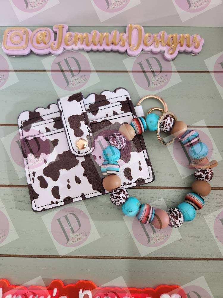 Serape Beaded Bangle cowboy wristlet w/ wallet. Cow print eallet with serape cow wristlet/ turquoise Keychain/beaded Bangle Cowboy