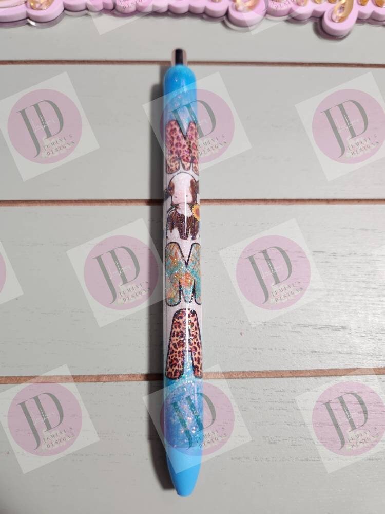 Mama cow turquoise, leopard print Glitter pen, pen wrap with Lots of sparkle and vibrant colors. Gorgeous Mama glitter pen/ cow pen