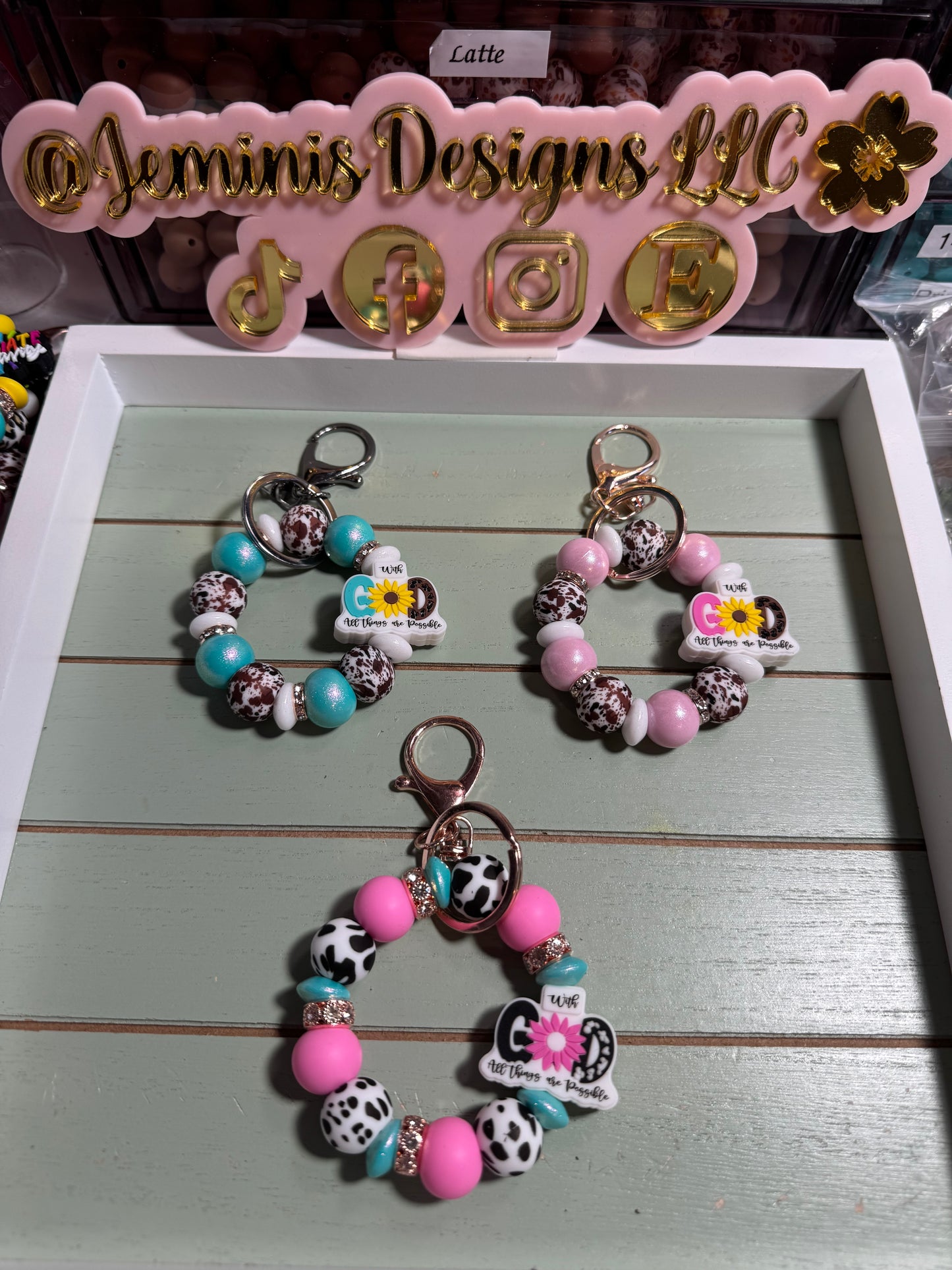 Beaded mini keychain, choice of design/with God all things cow print dangle keychain