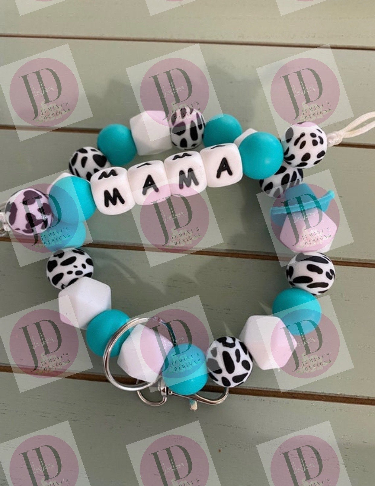 Beaded Bangle teal cow print Keychain/ mama Keychain or both /beaded Bangle for her/teal wristlet/bangle pair