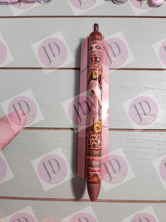 Horse Aztec Sunflower leopard print  pen wrap with Lots of vibrant colors.    Red/yellow and brown pen wrap no glitter