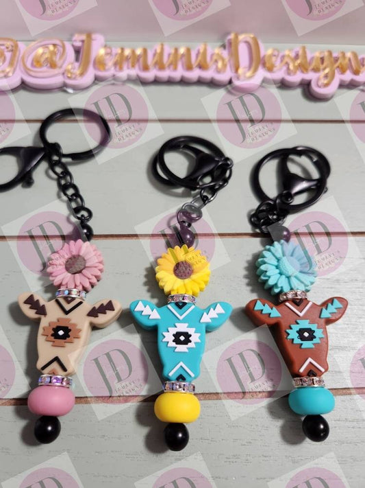 Adorable aztec cow sunfower beaded Keychain BAR/beaded mini Keychain BAR & flower/aztec cow dangle Keychain bar