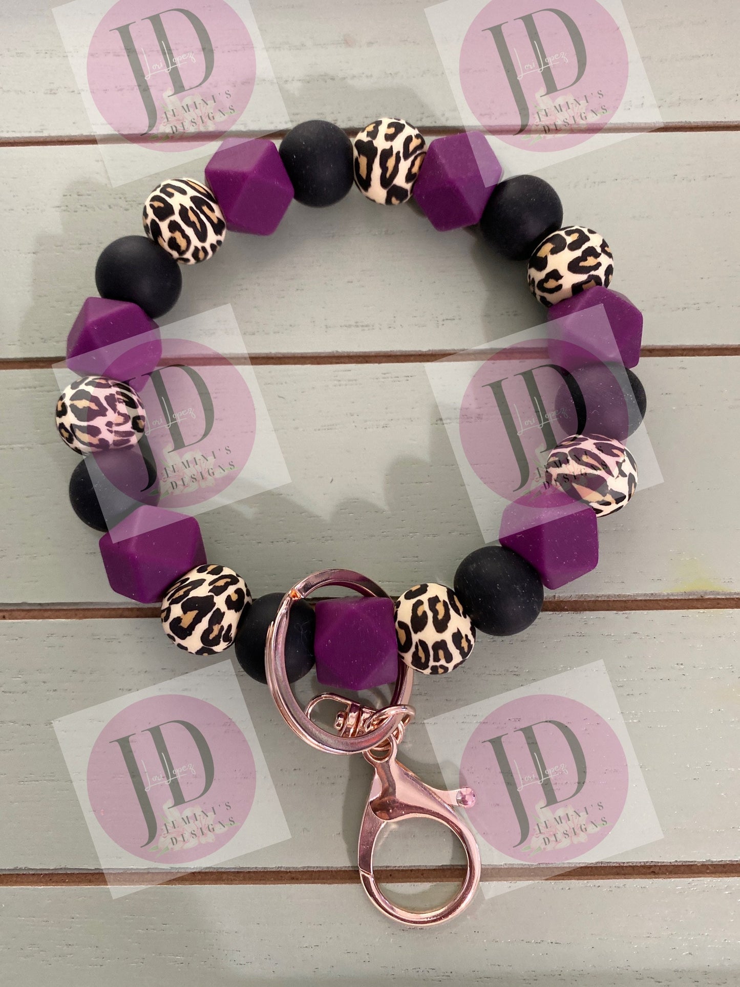 Ready to Ship Beaded Bangle black/purple leopard /Keychain/beaded Bangle for her/purple/black Keychain/beaded leopard bangle bracelet