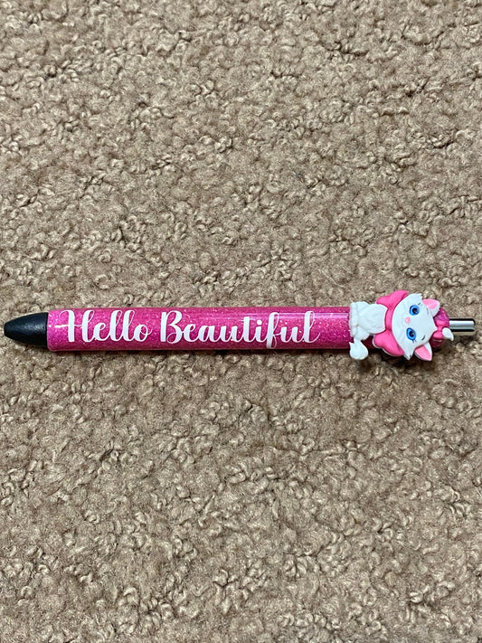 Cute Cat Glitter pen, Pink Bow, soft pink glitter.  Lots of sparkle, Hello Beautiful Cat Pen/Ready to ship