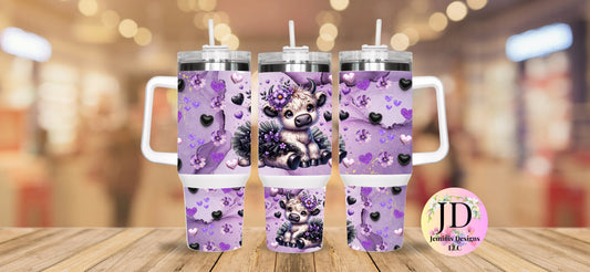 Highland ballerina with tutu, bows, lips and hearts/ purple 40oz , ballet cow tumbler,  Highland baby cow design tumbler, gift for her