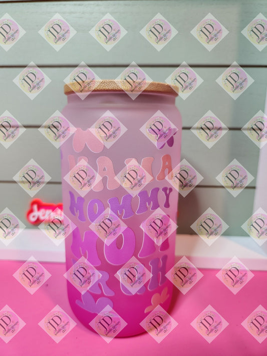 Mommy, mama, mom bruh Pink Ombre 16oz glass can  uvdtf transfer, permanent & waterproof