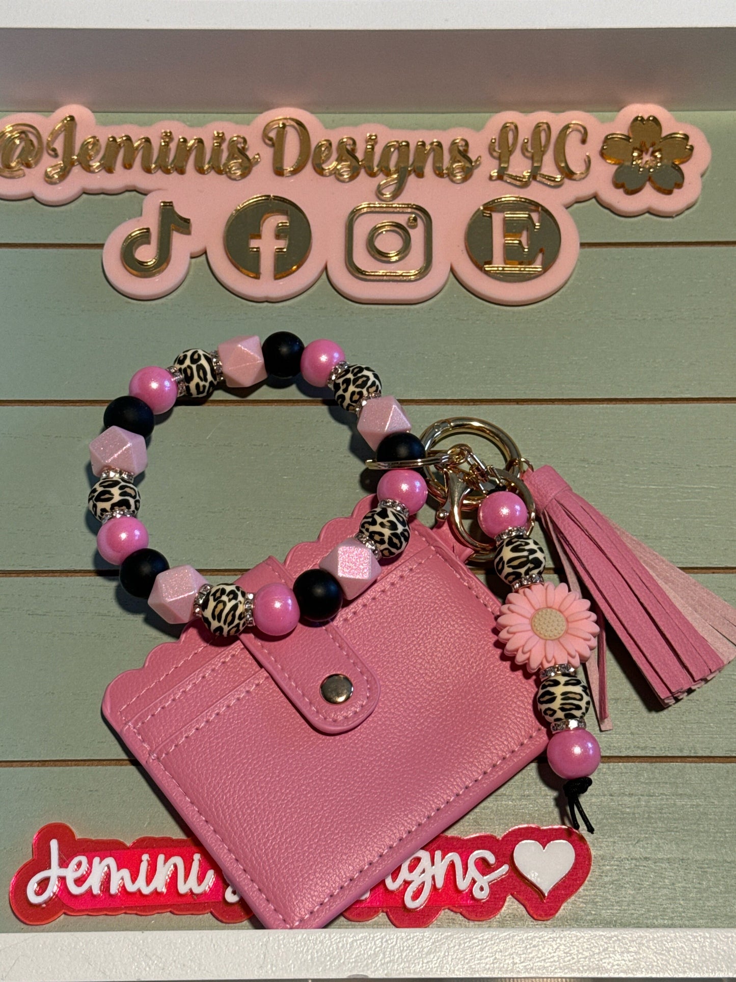 Pink Beaded Bangle leopard wristlet w/ wallet.Leopard print wallet with pink & black wristlet/ pink Keychain/beaded Bangle leopard