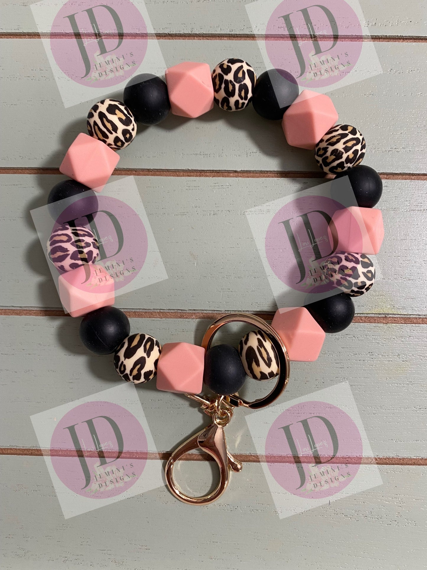 Beaded Bangle black/peach leopard /Keychain/beaded Bangle for her.  Peach & black Keychain/beaded leopard bangle bracelet