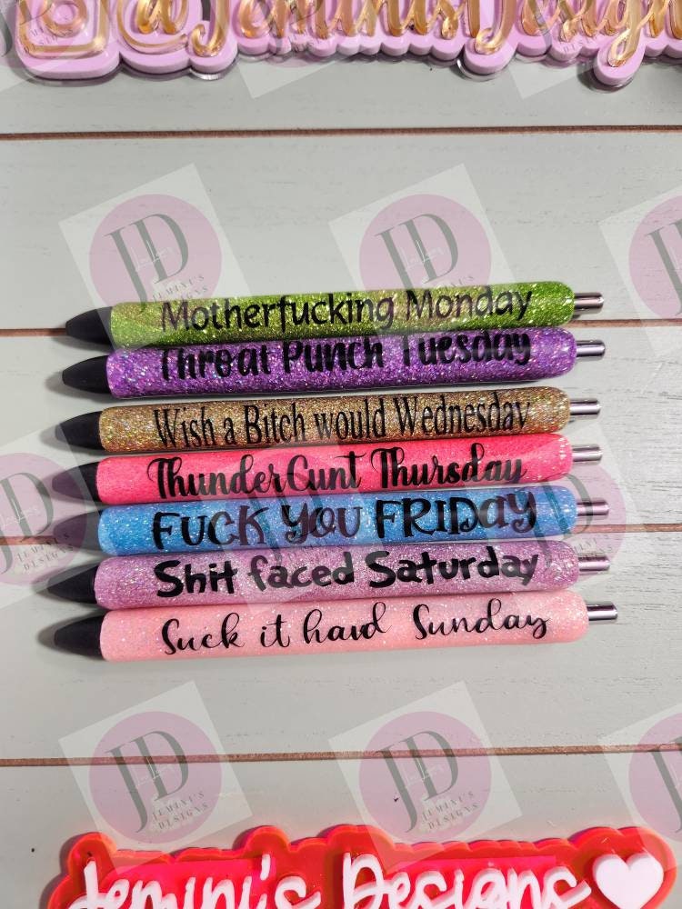 Weekday Inspiration gel glitter pens/ each day a new pen/ glitter quote weekday pens/ choose the colors you want Set pictured RTS