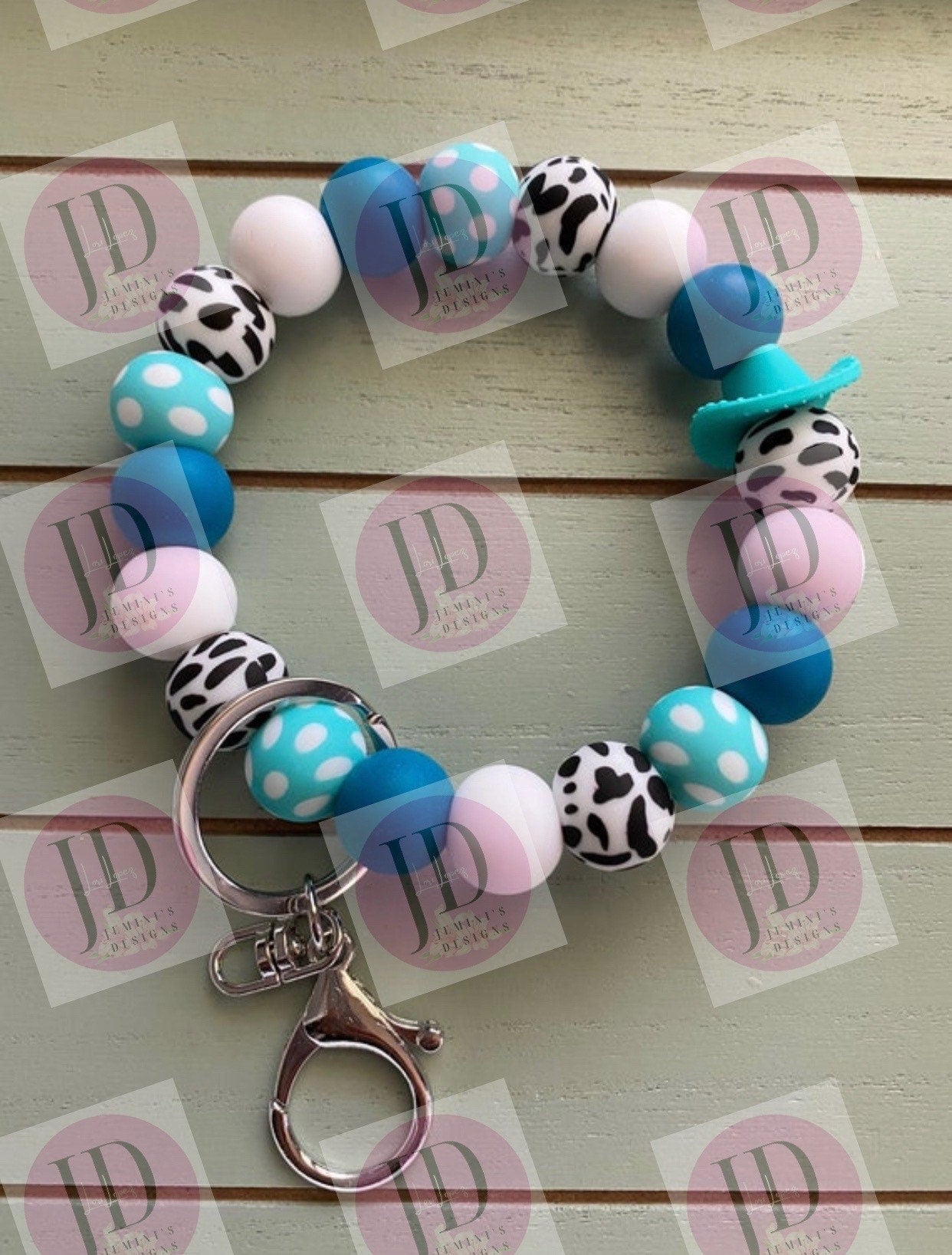 Ready to Ship Beaded Bangle Cowboy hat teal cow print Keychain/beaded Bangle for her/teal cowboy wristlet/bangle teal bracelet