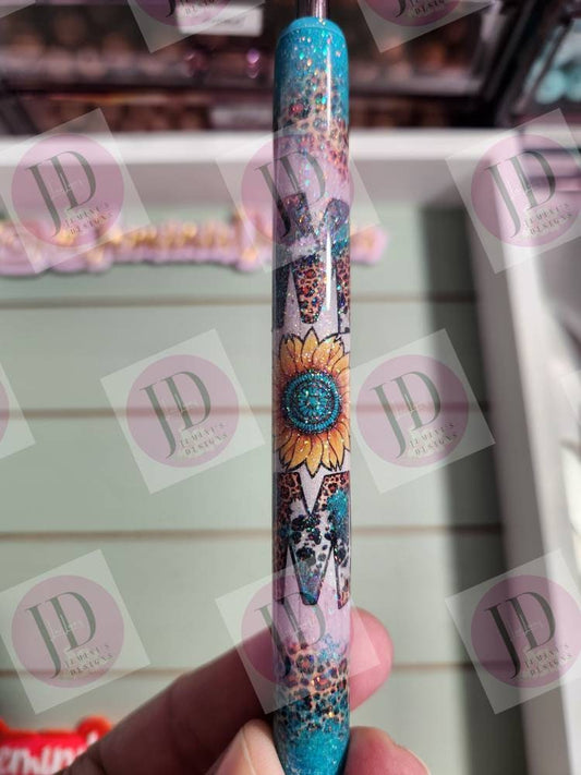 Sunflower leopard turquoise Mom Glitter pen, pen wrap with Lots of sparkle.   Gorgeous glitter pen