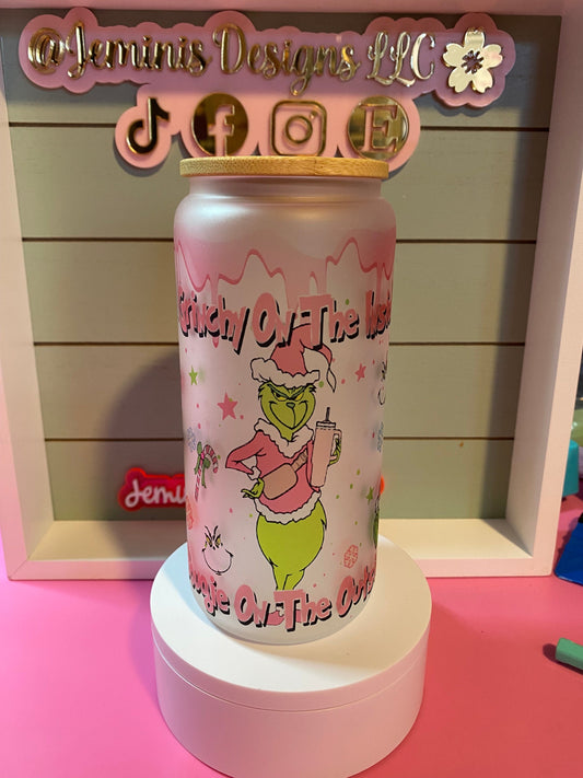 Grinch Bougie 20oz pink Christmas glass can tumbler /Christmas tumbler/Green guy Christmas tumbler. Bougie grinch