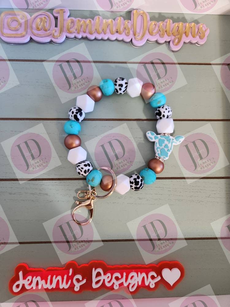 Beaded Bangle cow turquoise cow print Keychain/beaded Bangle for her/turquoise cow wristlet/bangle turquoise bracelet