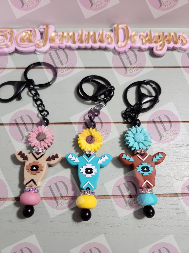 Adorable aztec cow sunfower beaded Keychain BAR/beaded mini Keychain BAR & flower/aztec cow dangle Keychain bar