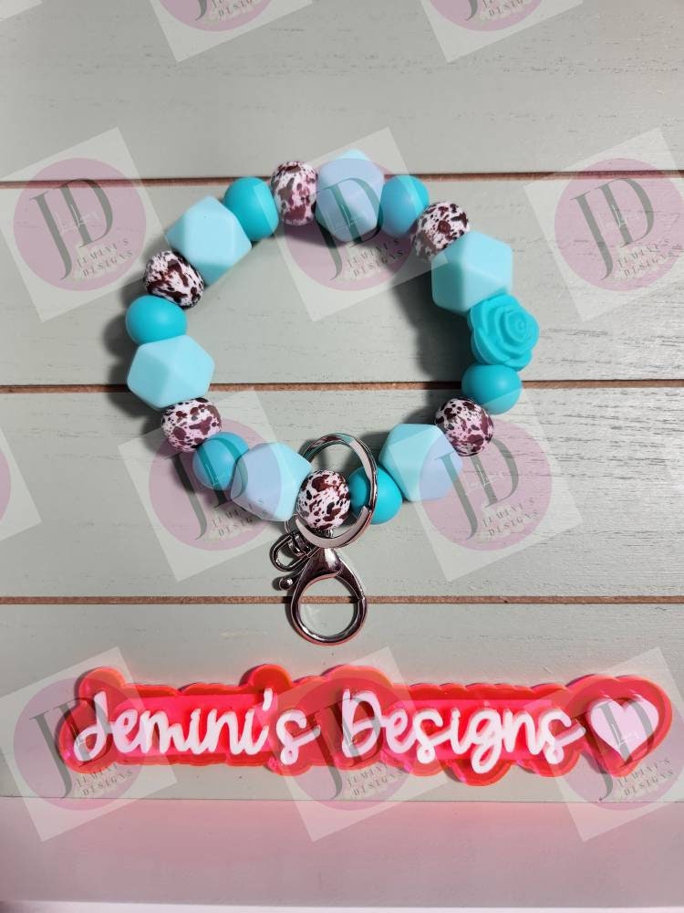 Ready to Ship Beaded Bangle brown cow & rose teal or pink cow print Keychain/beaded Bangle for her/pink or teal cow wristlet