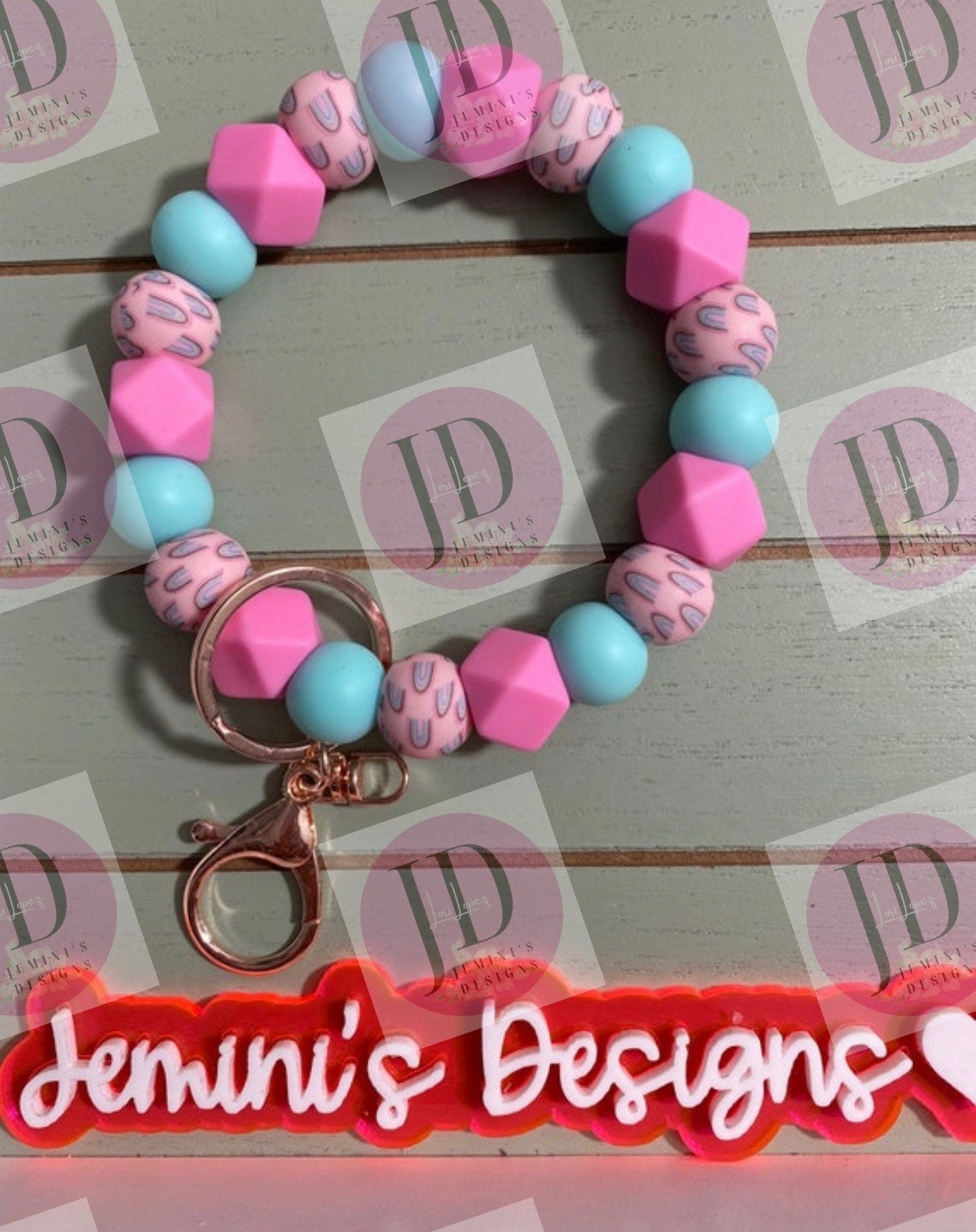 Beaded Bangle Rainbow pink & light teal Keychain/beaded Bangle for her/pink and teal rainbow wristlet Bangle bracelet