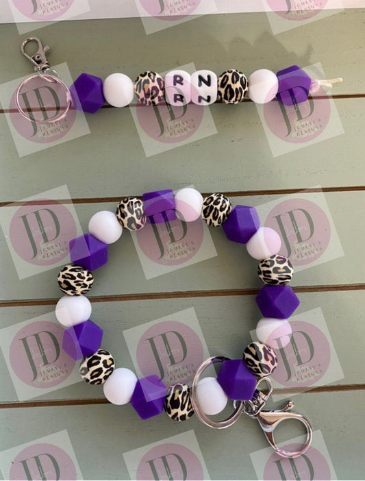 Beaded Bangle purple leopard print Keychain/ RN Keychain or both /beaded Bangle for her/purple wristlet/bangle Keychain