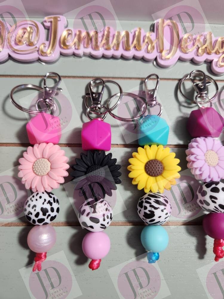 Ready to Ship Adorable Sunflower and cow beaded Keychain/beaded mini Keychain & Sunflower/cow dangle Keychain