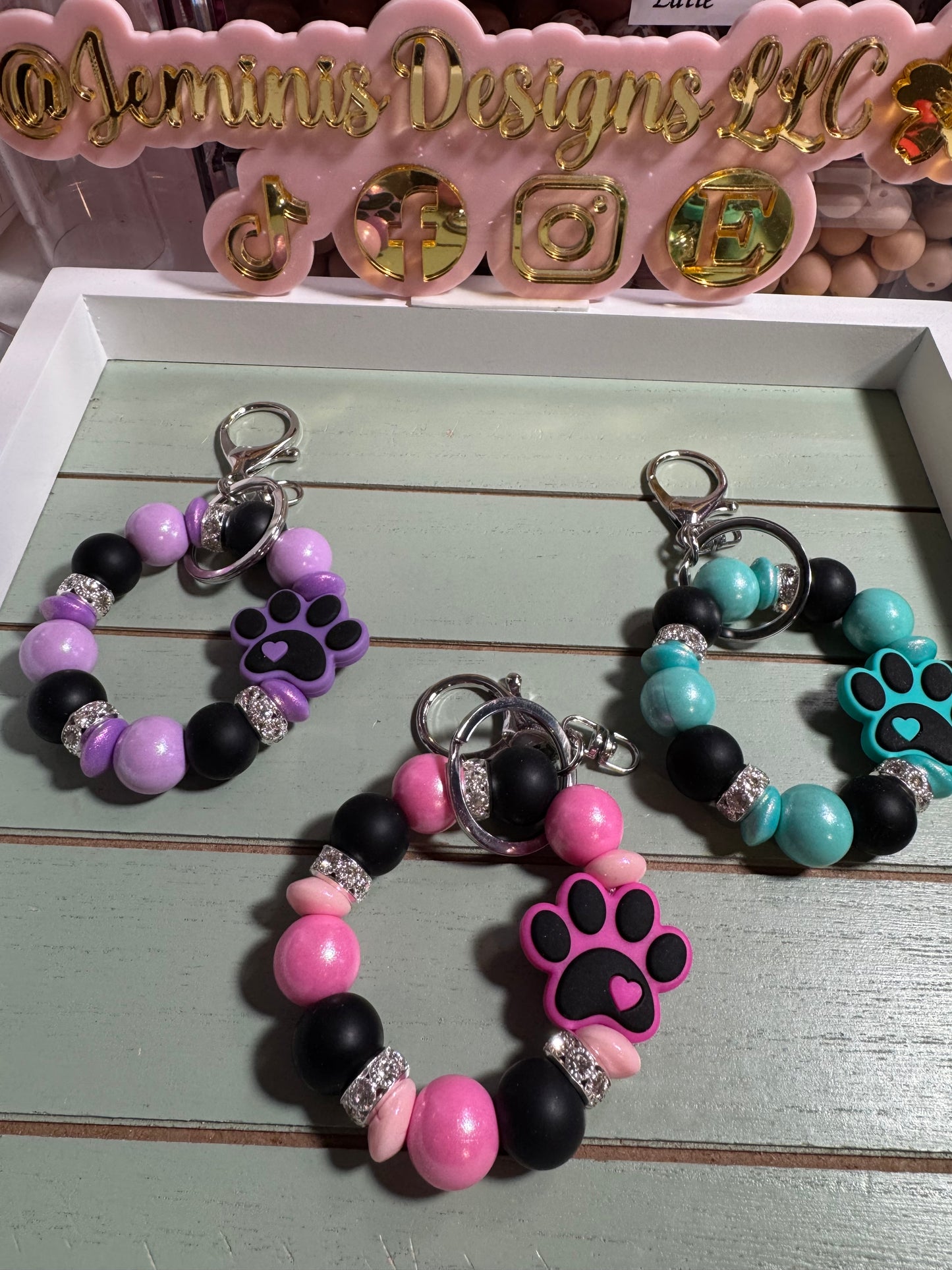 Beaded mini keychain, paw print choice of design picture/ paw print dog dangle keychain