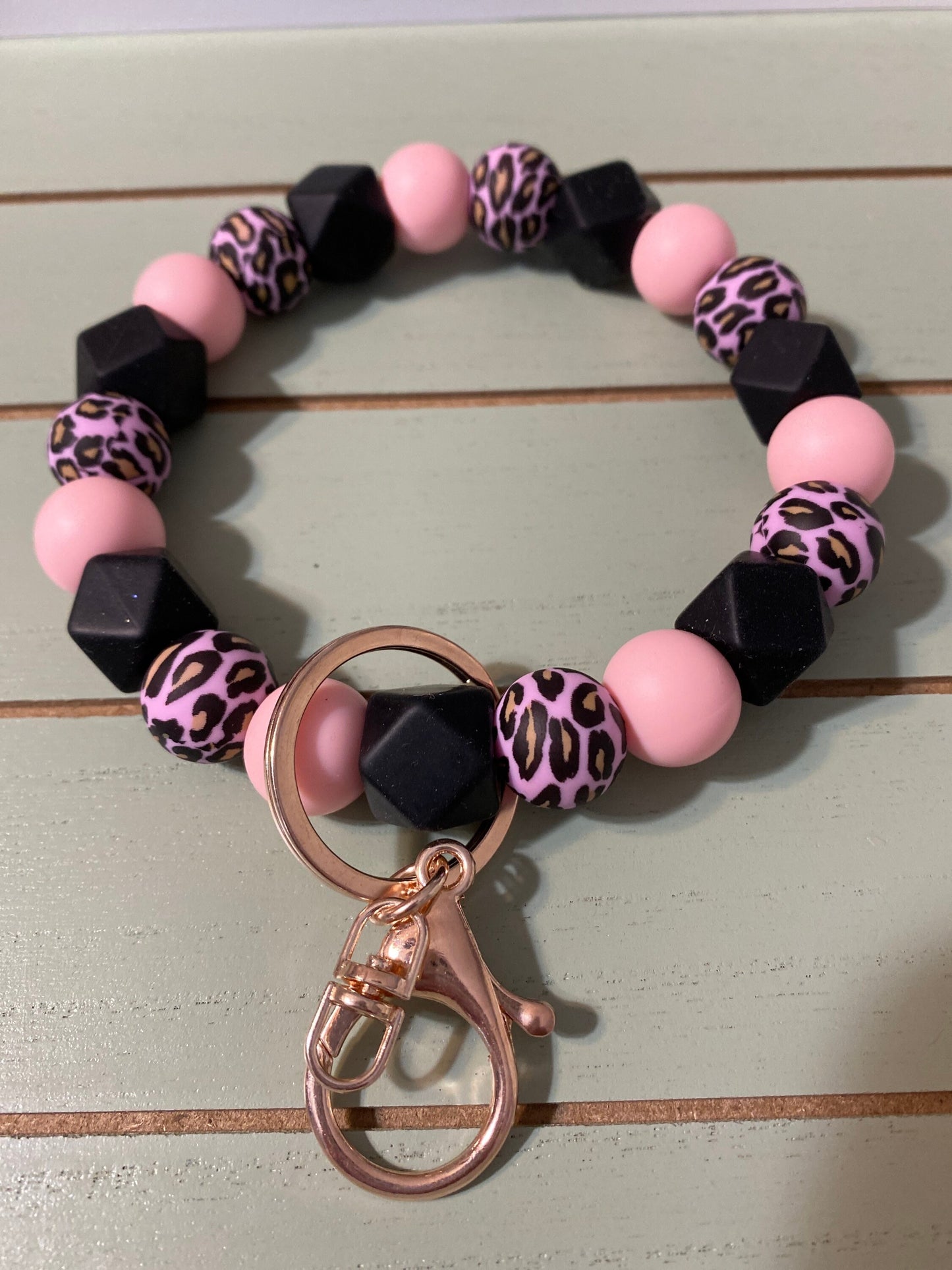 Beaded Bangle leopard pink black Keychain/beaded leopard print   Keychain/gifts for mom/anxiety beads/car accessory