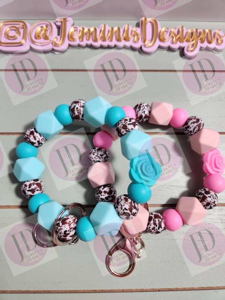 Ready to Ship Beaded Bangle brown cow & rose teal or pink cow print Keychain/beaded Bangle for her/pink or teal cow wristlet