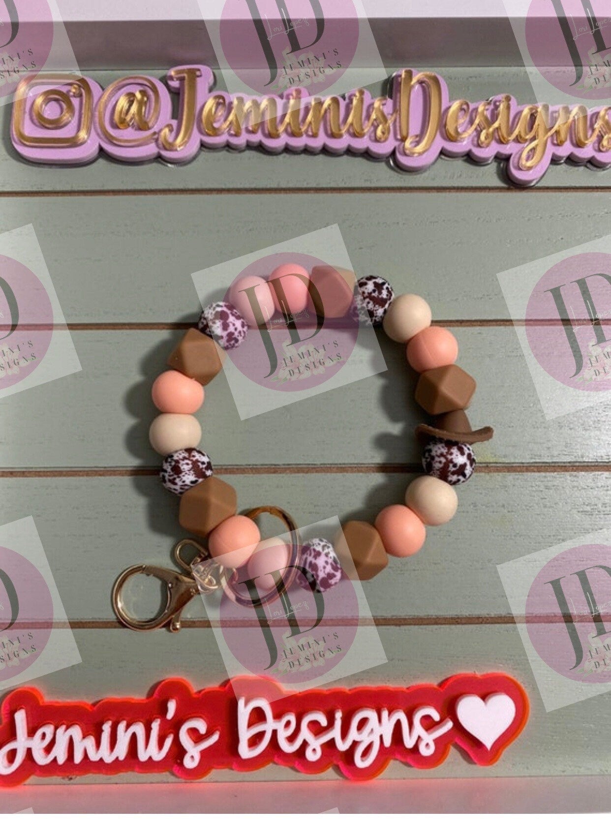 Beaded Bangle Cowboy hat peach & brown cow print Keychain/beaded Bangle for her/peach and brown cowboy wristlet/bangle