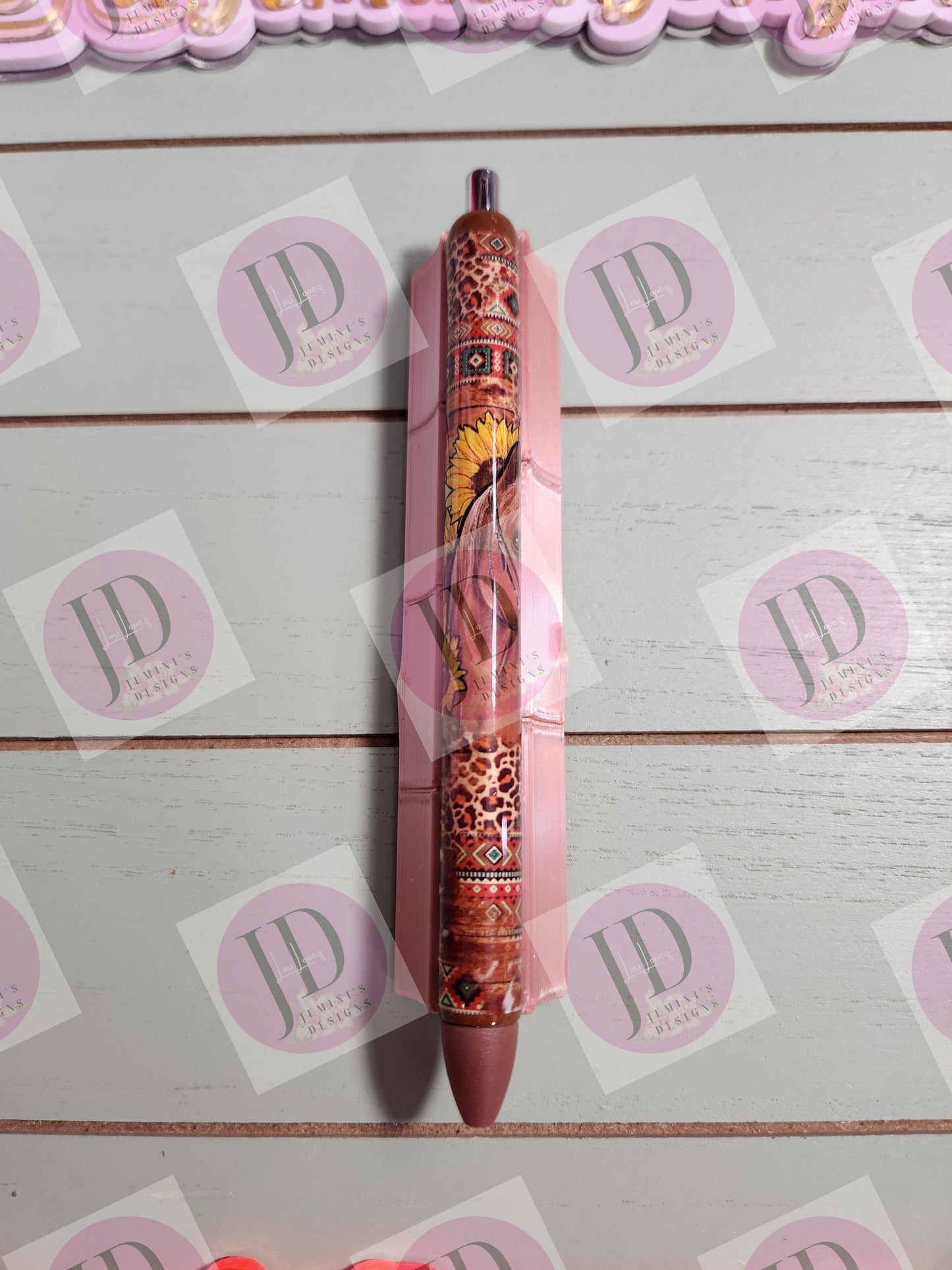 Horse Aztec Sunflower leopard print  pen wrap with Lots of vibrant colors.    Red/yellow and brown pen wrap no glitter